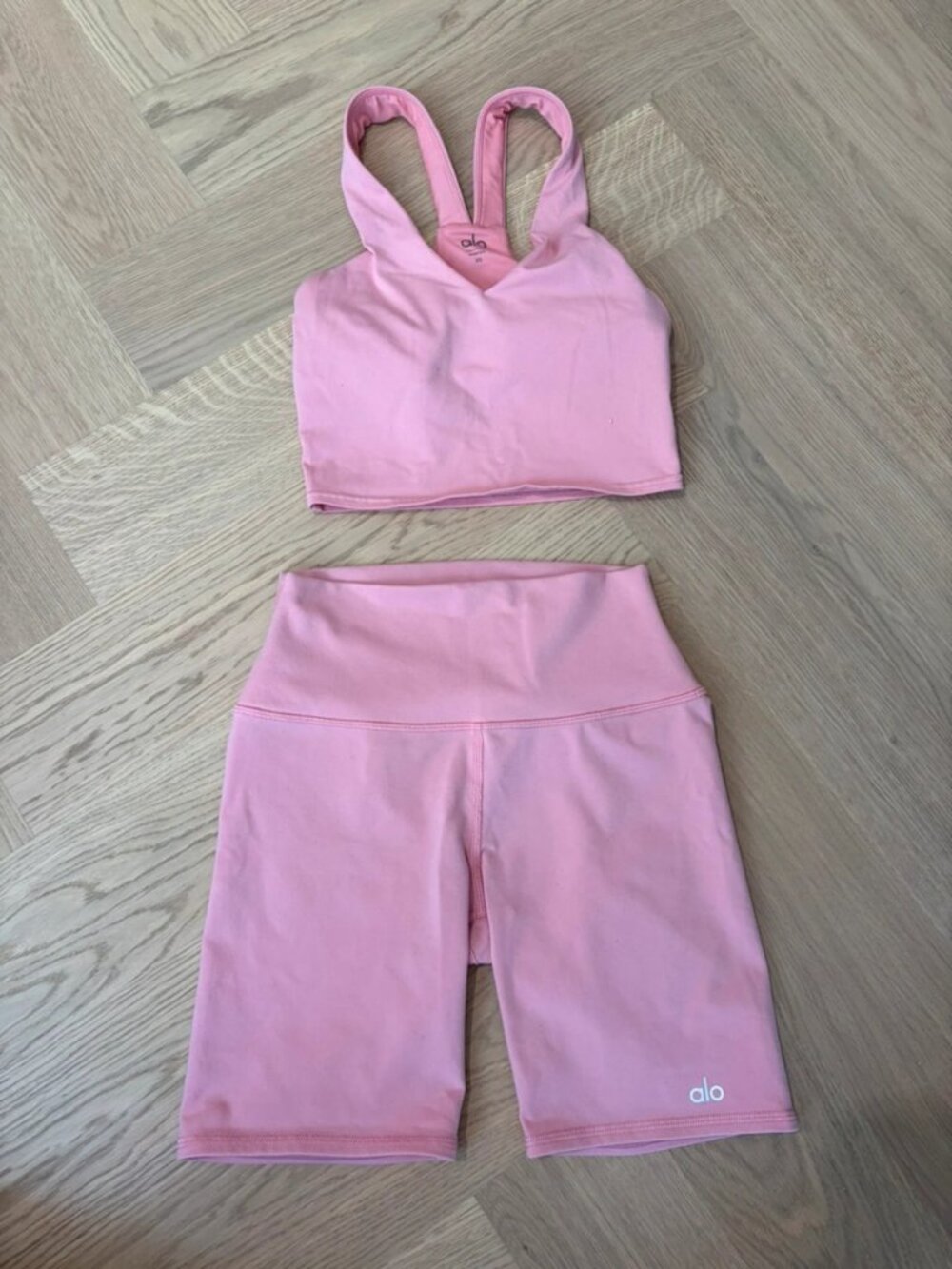 Alo Yoga Airlift High-Waist Biker Shorts & Longline Sports Bra Set Pink